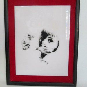 Vintage Framed Lucite Tile Silkscreen Print Picture Girl With Daisy 9 x 11.5"